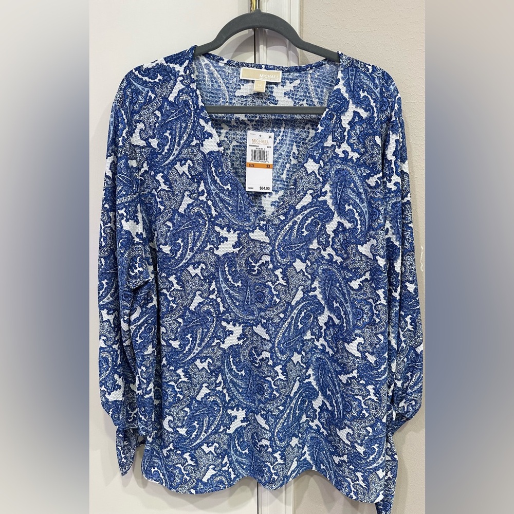3X NWT Michael Kors Blue and White Paisley Women's 3/4 Sleeve V Neck Top